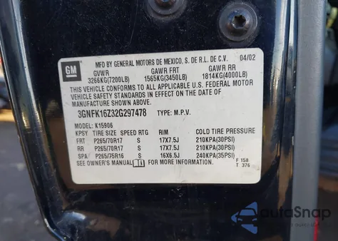 2002 Chevrolet Suburban 1500 Z71 z USA, uszkodzony, nr VIN 3GNFK16Z32G297478